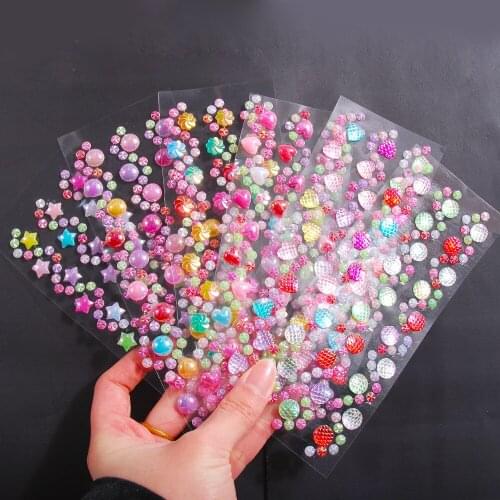 Mixed Color Acrylic Rhinestone Sticker 3D The Shape Of Round Heart Flower Rectangle Self-Adhesive Toy Sticker For Children