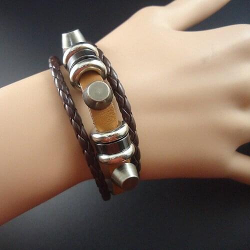 Newest Handmade Punk Style Fine Alloy Rivet Charm Cuff Genunie Leather Bracelets & Bangles For Women Men Wholesale Jewelry