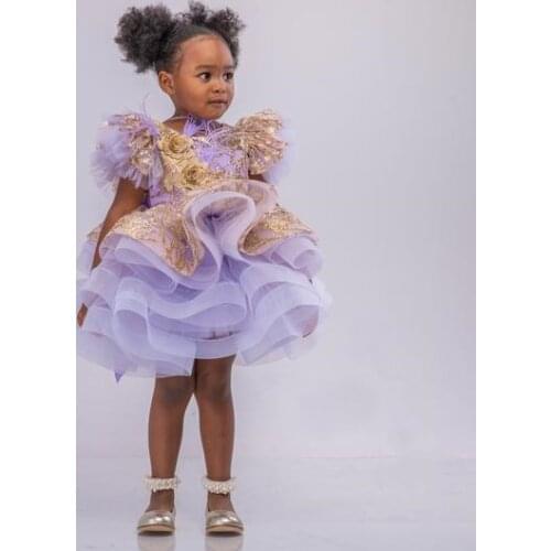 Puffy Layers Lavender Girls Dresses Gold Sequins Kids Princess Dress Kids First Communion Dresses Birthday Cloth 12M 24M
