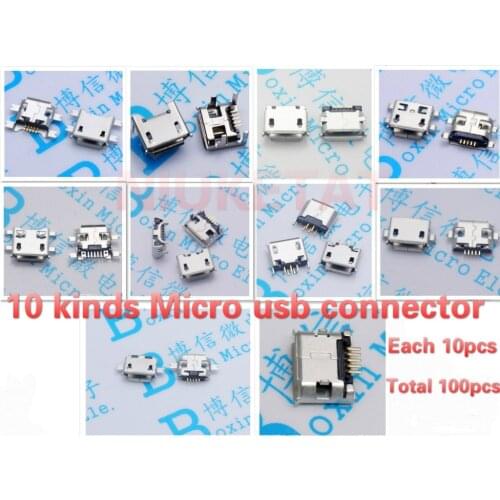100pcs 10pcs each for 10 kind Micro USB 5Pin jack tail socket micro usb Connector port sockect for samsung Lenovo Huawei ZTE HTC