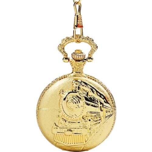 Embossed Running Steam Train Pocket Watch Chain Golden Metal Dress Casual Men Women Fob Watch Antique Fashion Pedant Montre
