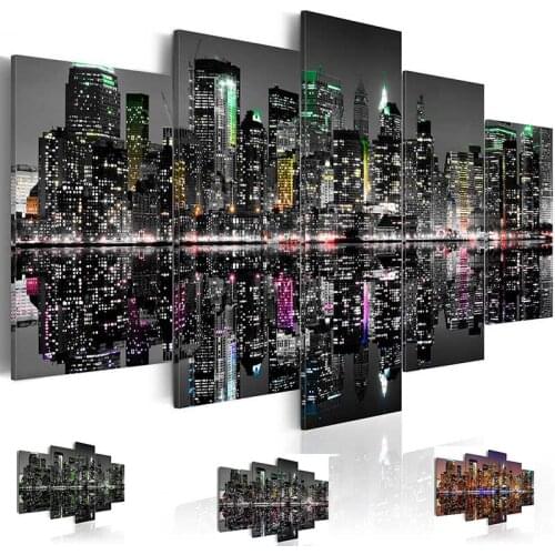 Modern Painting Canvas 5 Panels Wall Art Decoration Modern City Night Landscape Prints Poster for Living Room Home Decor Bedroom