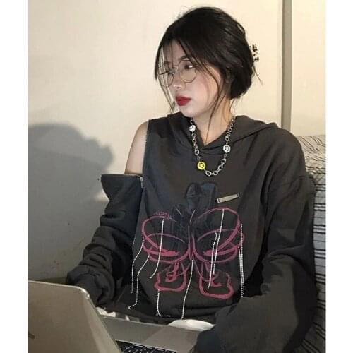 High fringed rhinestones Harajuku hooded street punk thin Y2K section all-match zipper sweater printed loose long-sleeved top