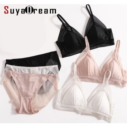 SUYADREAM 2020 Bra Set 100%Real Silk and Lace Wire Free Comfort Bras and Panties Thin padding Healthy Underwears