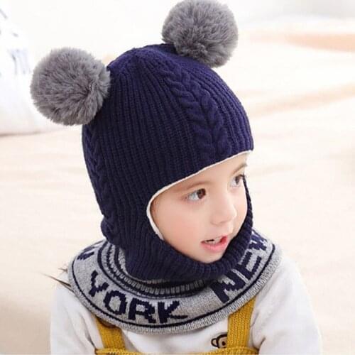 Warm Ski Cap With Ear Design Pom Winter 2 In 1 Knit Beanie Hat Scarf Windproof Mask For Kids Children\s Sets wf