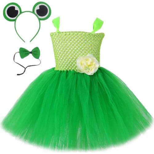 Green Frog Baby Girls Tutu Dress Kids Cosplay Animal Costumes Halloween Children Fairy Dresses with Headband for Birthday Party