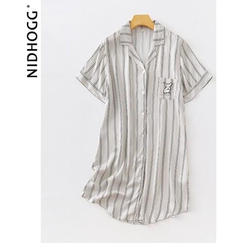 Summer Satin Stripe Embroidered Dog Nightgowns for Women Short Sleeve Shirt Sleeping Dress 100% Viscose Turn-downCollar Homewear