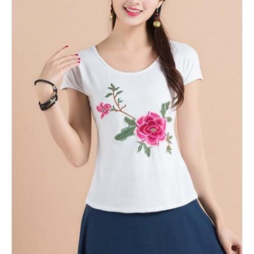 Summer Shirt Women Plus size T shirt 100% Cotton Embroidery High quality Black White Solid color Basic Tshirt Ladies Tops Casual