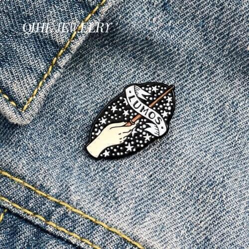 QIHE JEWELRY Lumos Magic Enamel Pins Magic wand Classic Movie Brooches Badges Fashion Witchcraft Pins Gifts for Friend Wholesale