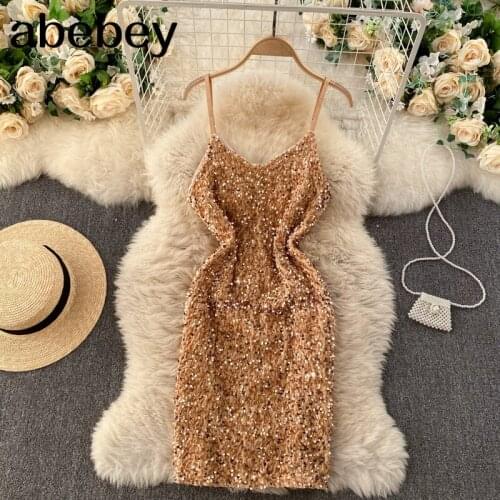 Women Shiny Sequins Strap Dress V Neck Sleeveless Slim Party Dresses Summer Sexy Off Shoulder Streetwear Short Dress