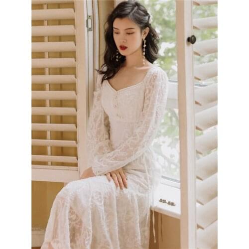 White Lace Fairy Dress Vintage Square Collar Long Puff Sleeve Large Size Dresses For Elegant Lady Date Party Vestido Branco
