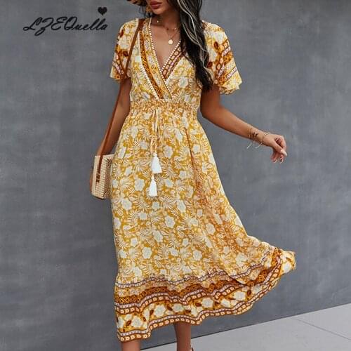 LZEQuella Summer Women V Neck Floral Print Boho Dress High Waist Lace Up Long Dresses 2021 Holiday Beach Clothing NZ3437