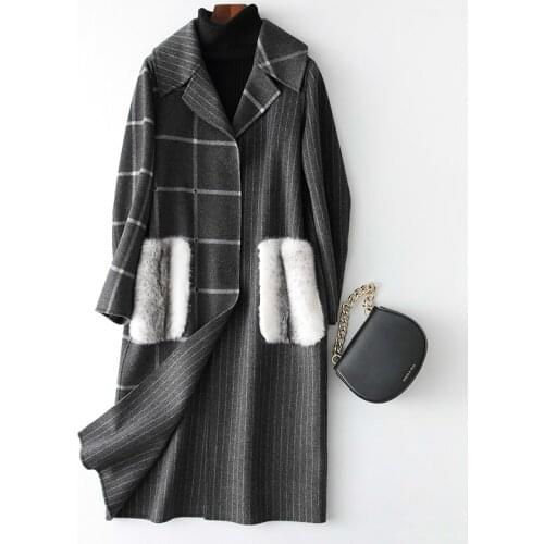 Luxury Women Wool Coat Long Womens Plaid Coats Natural Mink Fur Pockets Winter Jackets Woolens Overcoat 38025 WYQ1777