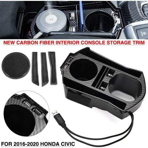 1pc Carbon Fiber Style Interior Console Storage Box Trim USB Charging Interface For Honda Civic Sedan/4-Door 2016-2020 Parts