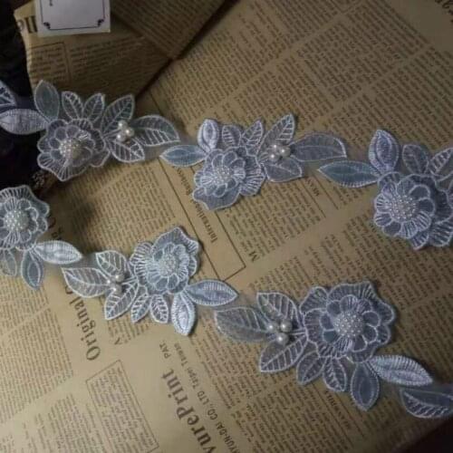 10x Light Blue Pearl Beaded Flower Leaf Embroidered Lace Trim Ribbon Fabric Handmade Sewing Craft For Costume Hat Decoration Hot