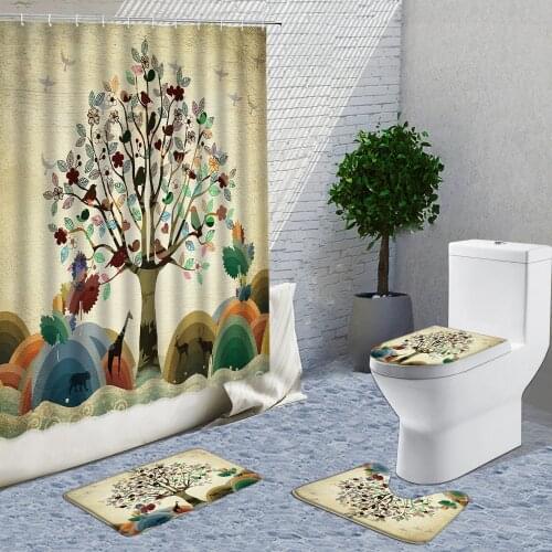 Painted Plant Trees 3D Shower Curtain 4pcs Bathroom Curtains Frabic Set Of Rugs Mat Toilet Cover Bath Decor Things For Home