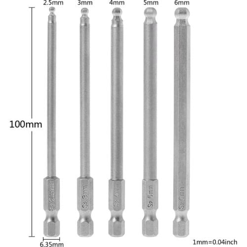 5 Pcs 1/4" Hex Shank 100mm Magnetic Ball End Hexagon Screwdriver Bits Drill Set