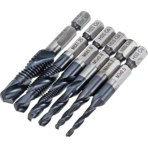 6Pcs HRC89 M3-M10 Combination Drill Tap Bit Set HSS-Co TiAlN Coated 1/4" Shank Deburr Countersink Bits For Drilling 304 Steel