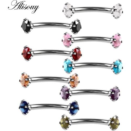 Alisouy 1pc Steel Eyebrow Rings 16G Internally Threaded Earring Tragus Crystal Eyebrow Ring Curved Barbell Piercing 9 Colors