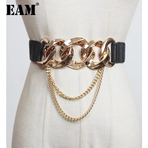 [EAM] Pu Leather White Chain Long Elastic Wide Belt Personality Women New Fashion Tide All-match Spring Autumn 2021 1DD0190