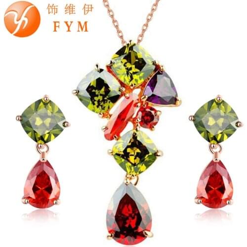 FYM Red Green Cubic Zircon Pendant Necklaces Drop Earrings Rose Gold Color Jewelry Sets For Women Bridal Wedding Party JS0081
