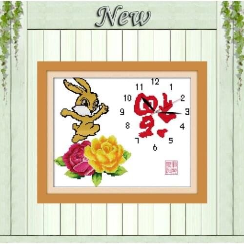Treasure rabbit bless clock paintings counted print on canvas DMC 14CT 11CT Chinese Cross Stitch Needlework Sets Embroidery kits
