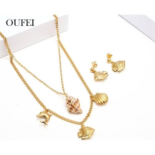 OUFEI Conch Necklace Earrings Set Multi Layer Necklace Stainless Steel Jewelry Set Sets Fashion Jewellery Accessories