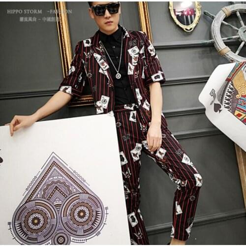 Blazer men suit set with pants mens Printed strips suits personality singer star style stage clothing spring summer b662