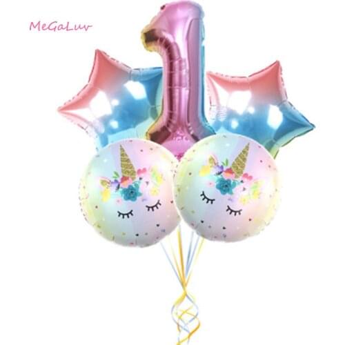 5 pcs 32 Inch Unicorn Ballon Exquisite Gradient Round Star Unicorn Party Ballon Supplies Birthday Party Decor Number Baloon