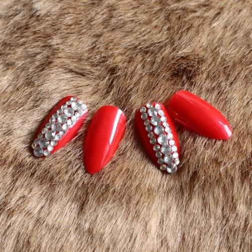 24pcs Fashion full diamond crystal diamond stiletto high candy color handmade fake nails Bright red W74