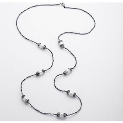 MOODPC Fashion Mini Pacet Bead Hematitewith Handmake Black Crystal Paved Oval Pearl Charm Necklace