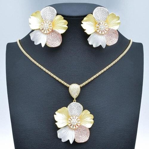 Newness Begonia Flowers Luxury 3 Tone Full AAA Cubic Zirconia Copper Earring Necklace Jewelry Set Wedding Party African