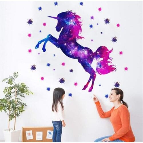 Stars Outer Space Unicorn Wall Stickers For Kids Rooms Baby Girls Room Home Decor Children Bedroom Nursery Wall Decal Stickers