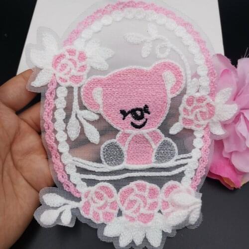 Pink bear cloth patch, lace embroidery, large applique, clothes, T-shirts, childrens dresses, patch holes, patches