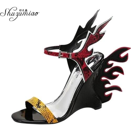 Shuzumiao 2020 Summer Flame Sandals Women Original Fashion Word Belt High Heels Snake Skin Bohemian Color Matching Women Shoes