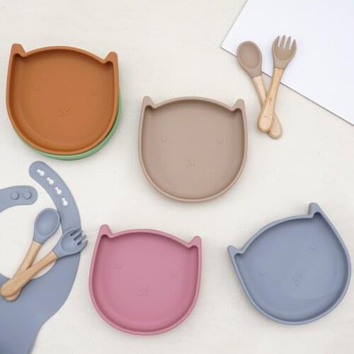 Wholesales Waterproof Baby Bibs For Children Kids Dishes Plates Fork And Spoon With Wooden Handle Feeding Childrens Tableware