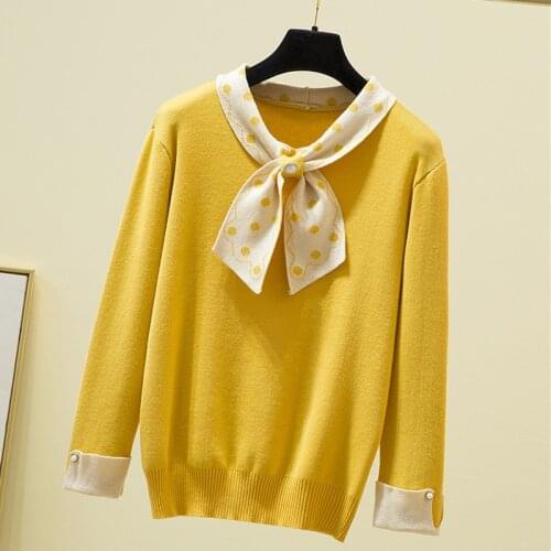 Bow Dot Pullover Women Long Sleeve Beading Woman Sweater Casual 2021 Autumn Winter Knitted Korean Fashion Clothing Sweater Femme