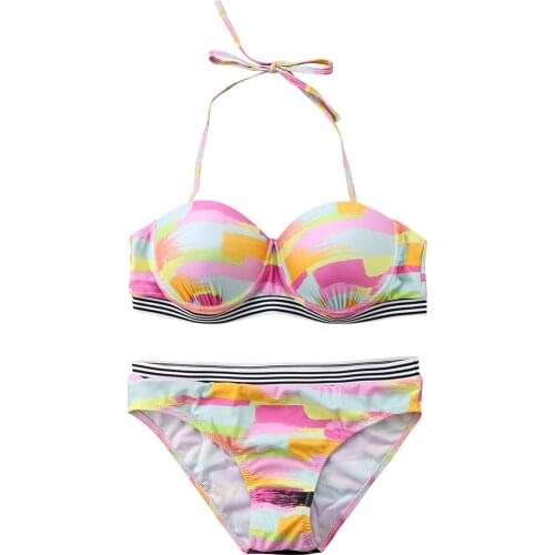 Sexy Women Swimwear Multi Rainbow Bikinis Set Bandage Push Up Padded Bra Swimsuit Bathing Suits Beachwear