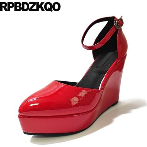 Size 4 34 white ankle strap patent leather wine red high heels platform shoes women wedge 2019 pumps 33 pointed toe ladies brand