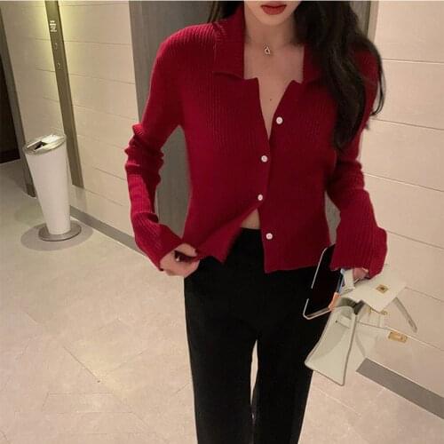 Fashion 2021 New Knitted Crop Cardigan Women Korean Short Sweater Long sleeve V neck cropped sweater sueters de mujer Black Red