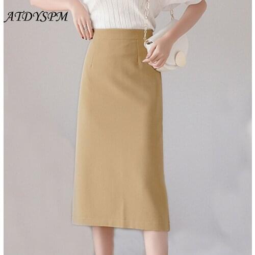 2021 Spring Summer New Korean Fashion Skirts High Waist A-Line Office Lady Midi Skirt Simple Back Split Package Hip Skirts