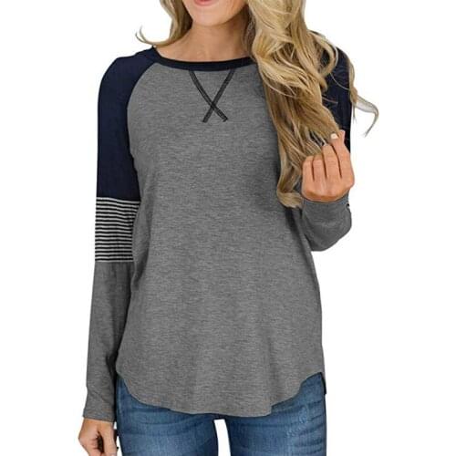 Female Autumn New T-shirt Tops Women Color Block Round Neck Long Sleeve Loose Fashion Stitching Pullover Tops