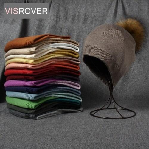 VISROVER 25 Colorways Solid Cashmere Woman Winter Hat With Pompom Unisex Autumn Real Fur Bonnet Soft Wool Woman Warm Skullies