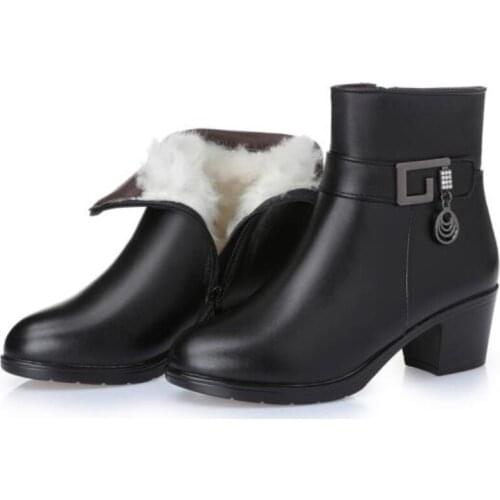 2020 NEW Fashion Genuine leather Women Ankle Boots High Heels Zipper Shoes Warm Fur Winter Boots for Women Plus Size 35-43