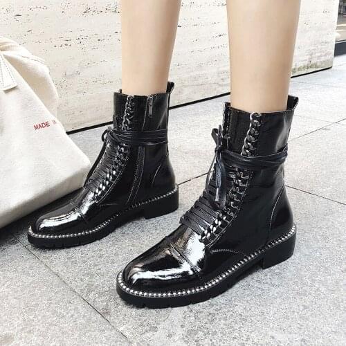 Punk Genuine Leather Boots Women chain Square Heels Autumn Winter Ankle Boots Sexy Shoes Woman Motorcycle Boots size 41 42 43