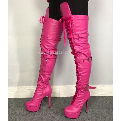 Real Photos Rose Red Leather Platform Long Boots Women Cross Tied Stiletto Heel Thigh High Boots Lady Design Over the Knee Boots