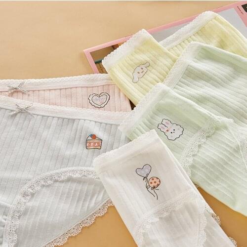 Dreamlikelin Cute Women Lace Panties Rabbit Dog Print Combed Cotton Briefs Plus Size Breathable Kawaii Bow Underwear