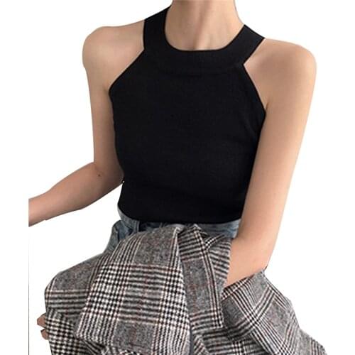 Ladies Tank Tops Women Knitted Casual Basic Skinny Vest Solid Color Halterneck Neck Crop Tops Off The Shoulder Slim Camisole
