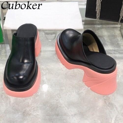 Brand Runway Genuine Leather Women Half Slippers Chunky Heel Designer Ladies Slides Summer Modern Slippers Women Mujer