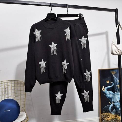 2021 Autumn Fashion Women Long Sleeve Beaded Star Knitted Sweater + Harlan Little Feet Pants 2 Piece Set Ladies Clothing H1040
